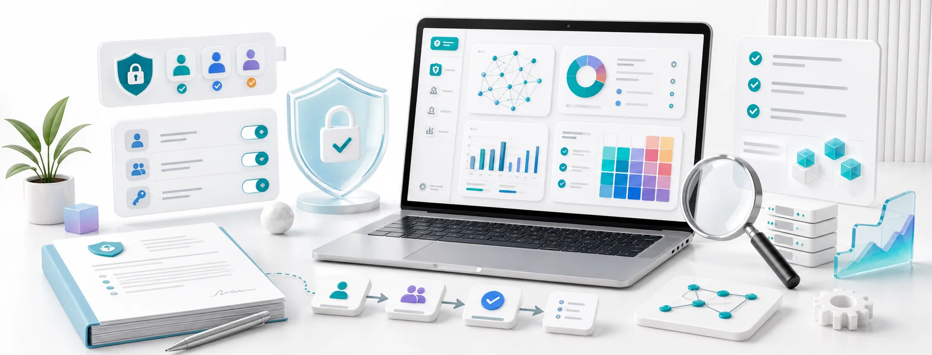 Enterprise AI governance dashboard with permission controls, risk matrix, privacy shield, audit checklist, and approval workflow