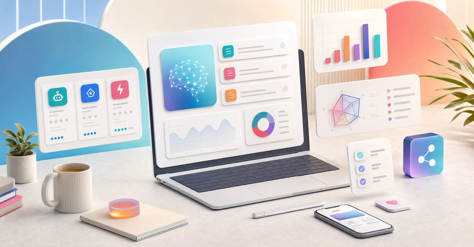 AI dashboard workspace with charts and tool cards