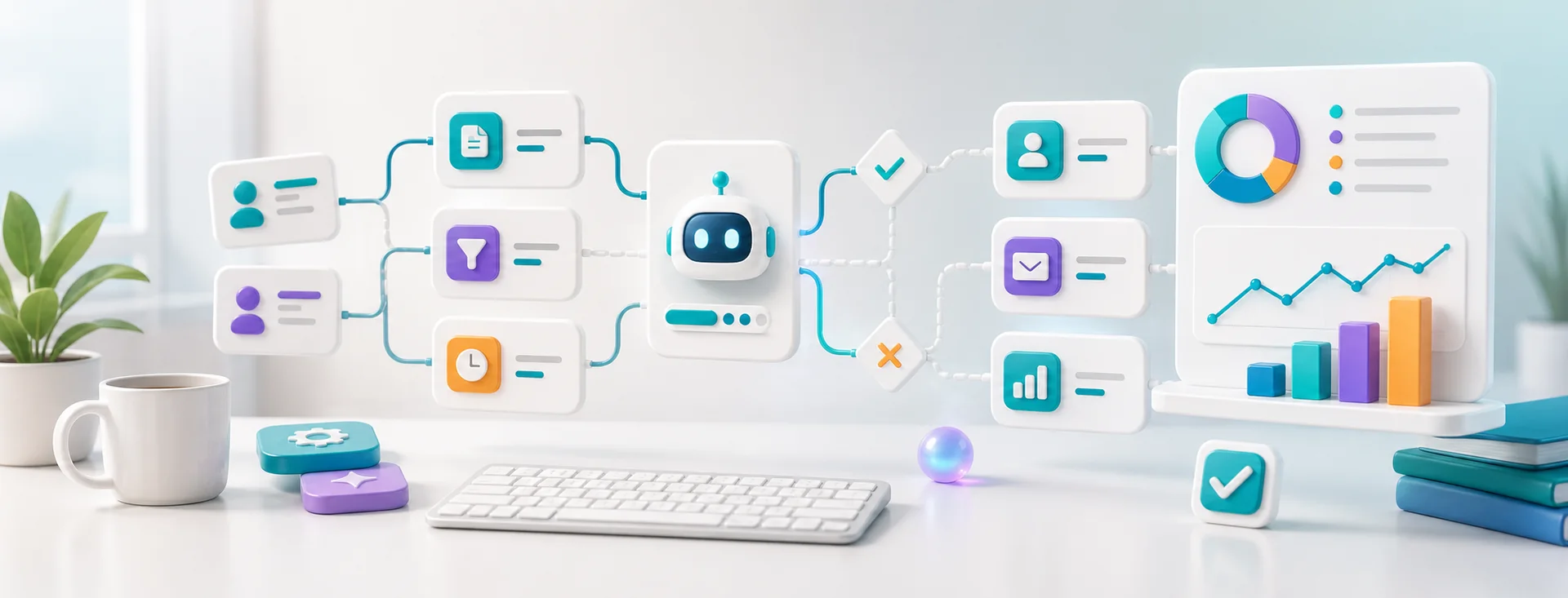 AI automation workflow with connected task cards, approval gates, dashboard metrics, and integration panels