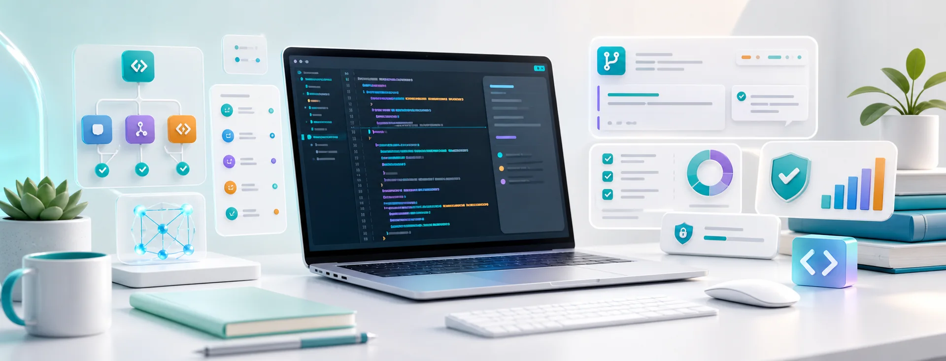 AI coding workflow with code panel, review checklist, repository controls, and developer productivity dashboard