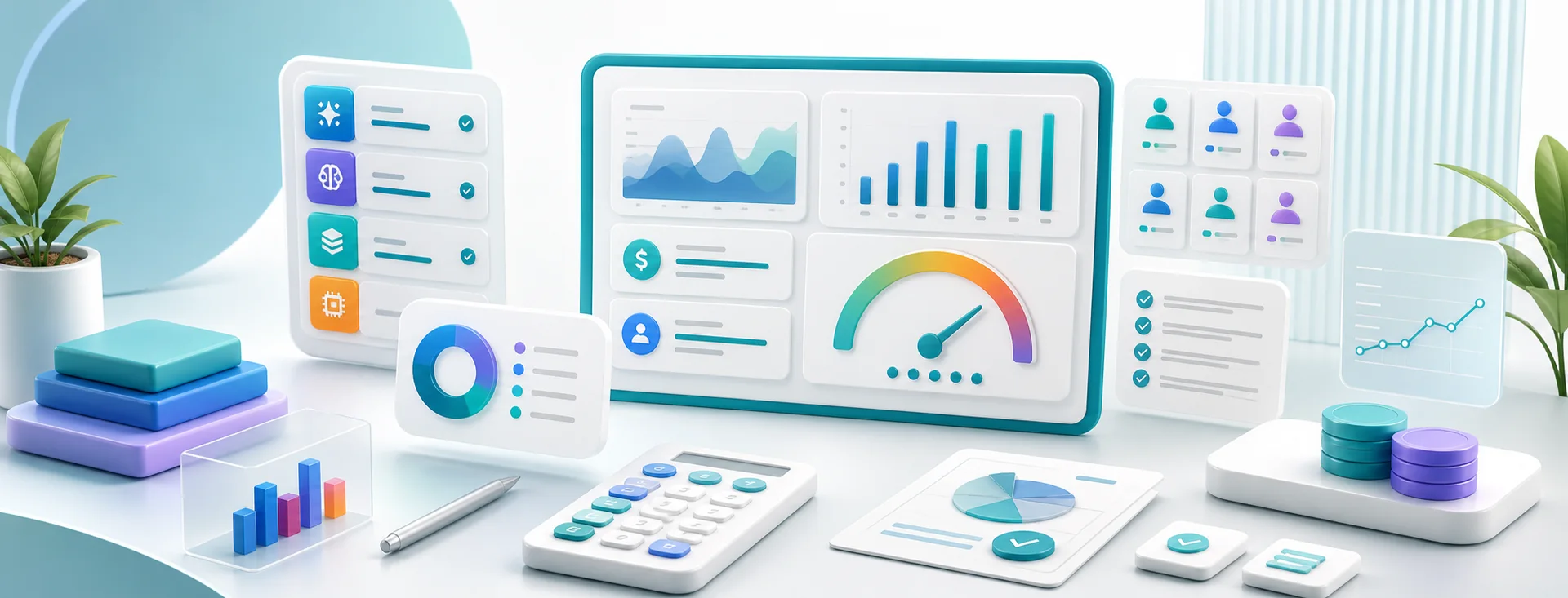 AI cost control dashboard with usage charts, model selection cards, budget indicators, and reporting panels