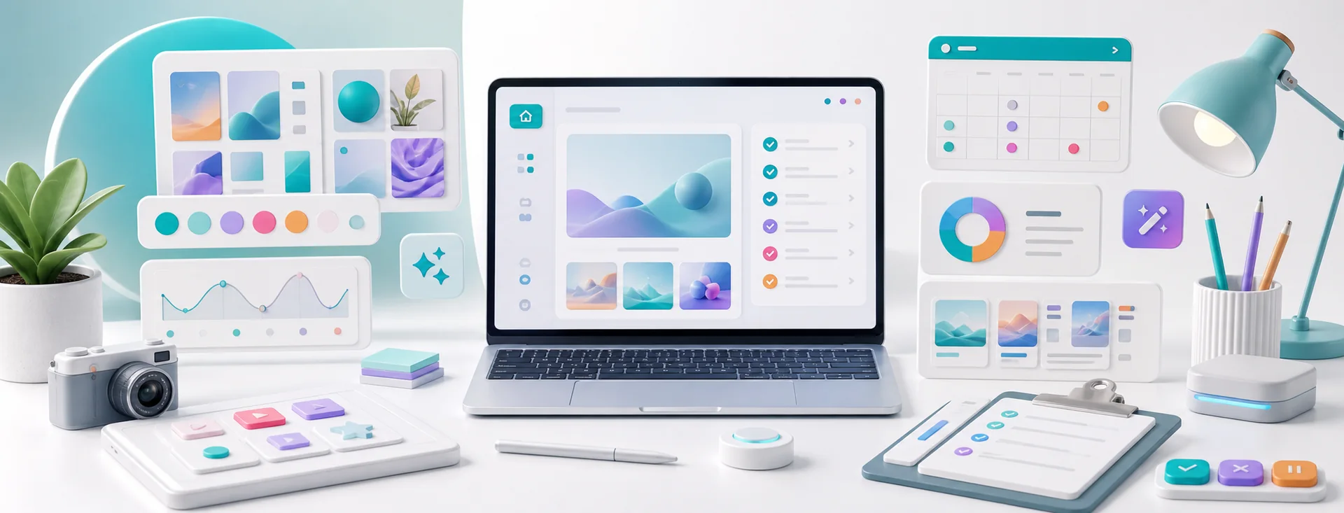 AI creative production workspace with visual cards, review checklist, brand controls, and media workflow panels