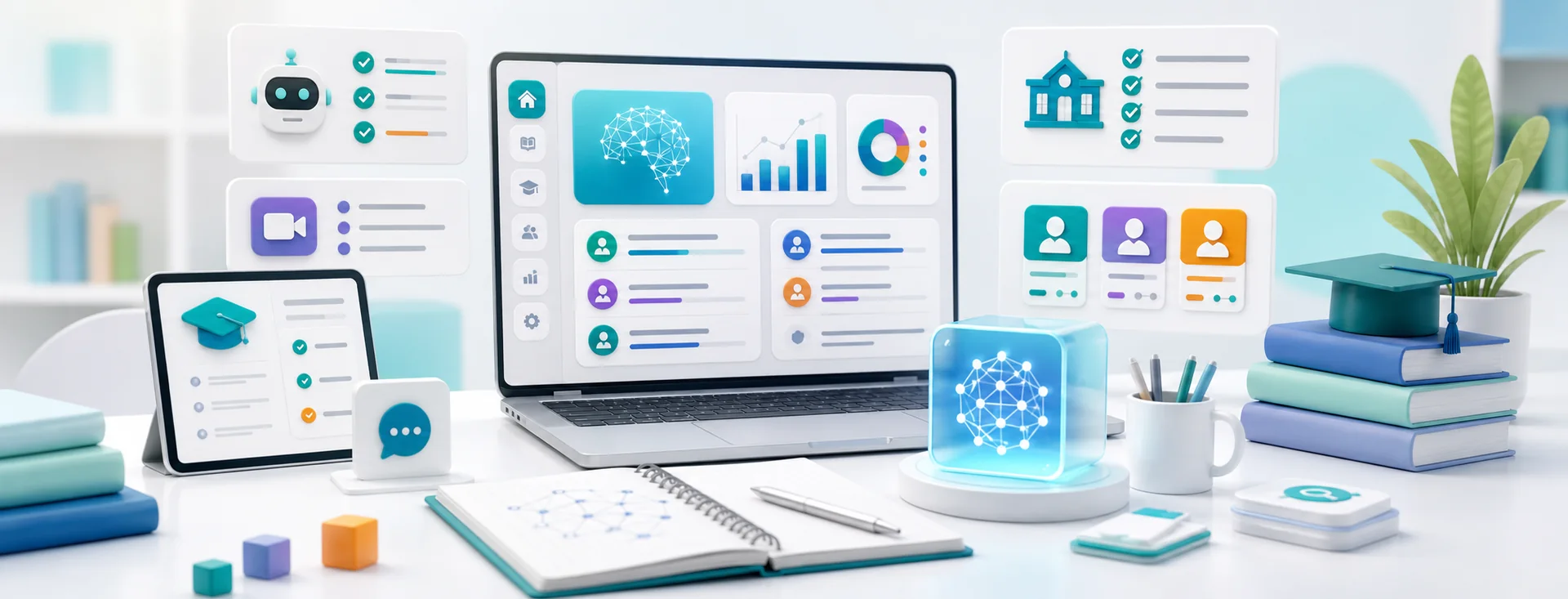 AI education workflow with learning cards, policy checklist, research notes, and classroom support dashboard