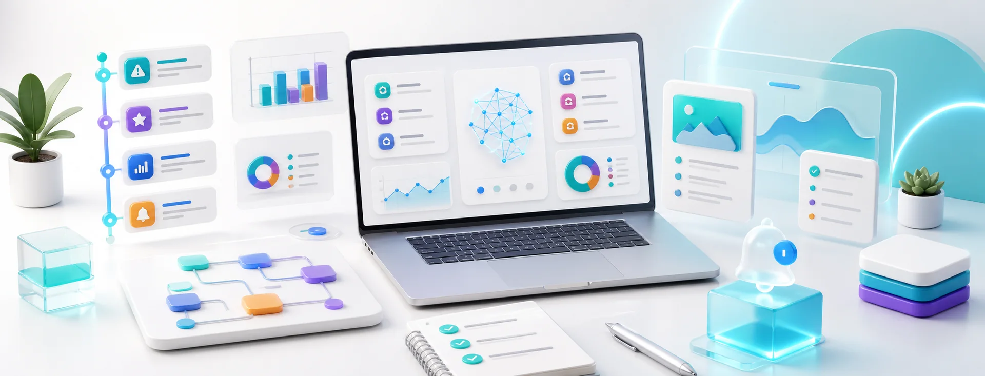 AI news workspace with update cards, tool panels, workflow notes, and decision dashboard