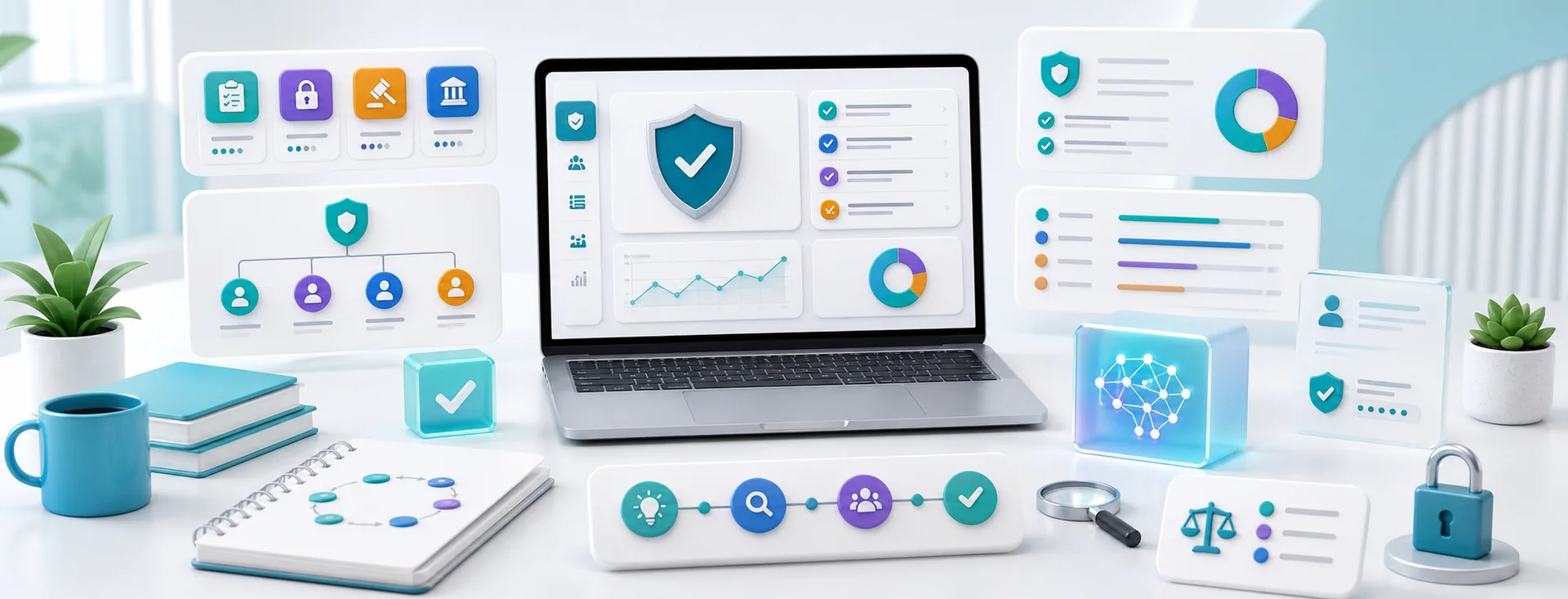 Enterprise AI governance dashboard with permission controls, privacy shield, audit checklist, and approval workflow