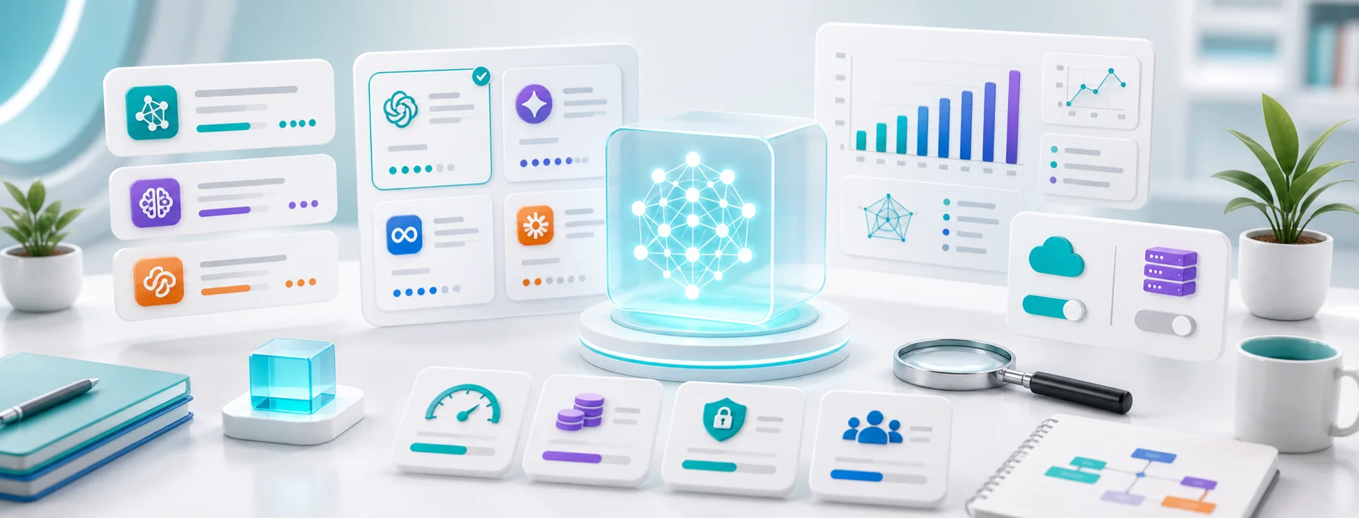 AI model selection workspace with model cards, private deployment controls, code panel, and cost charts