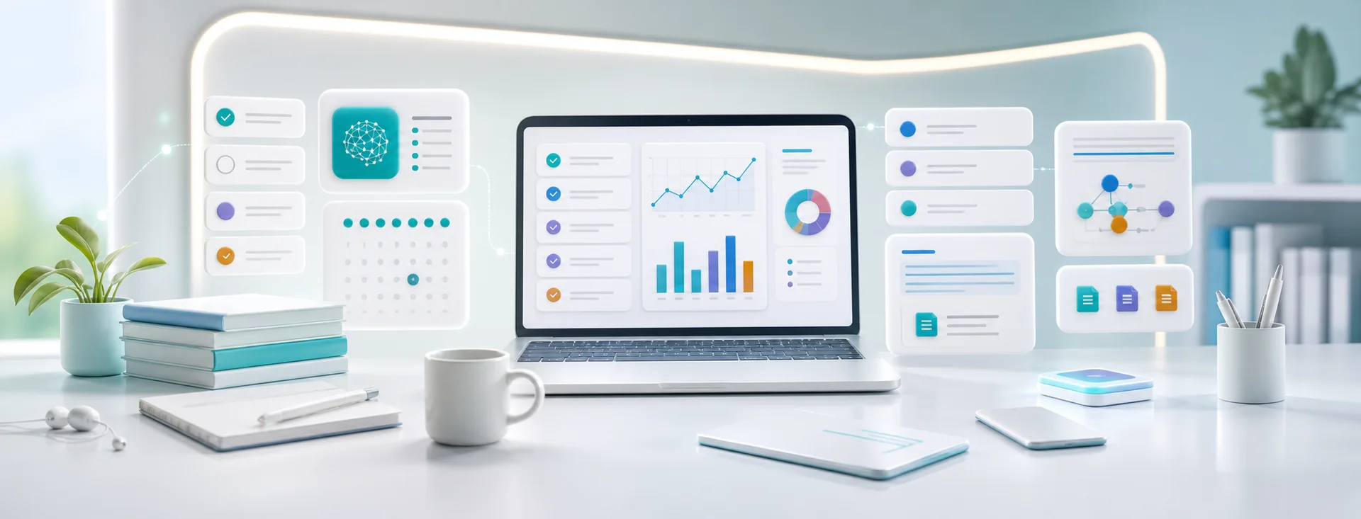 AI productivity dashboard with tasks, notes, calendar cards, document summaries, and workflow panels