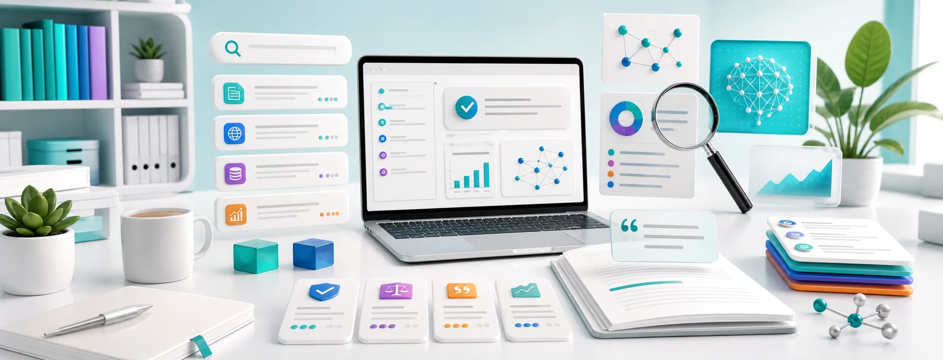 AI research workspace with search results, citation cards, source library, charts, and verification controls