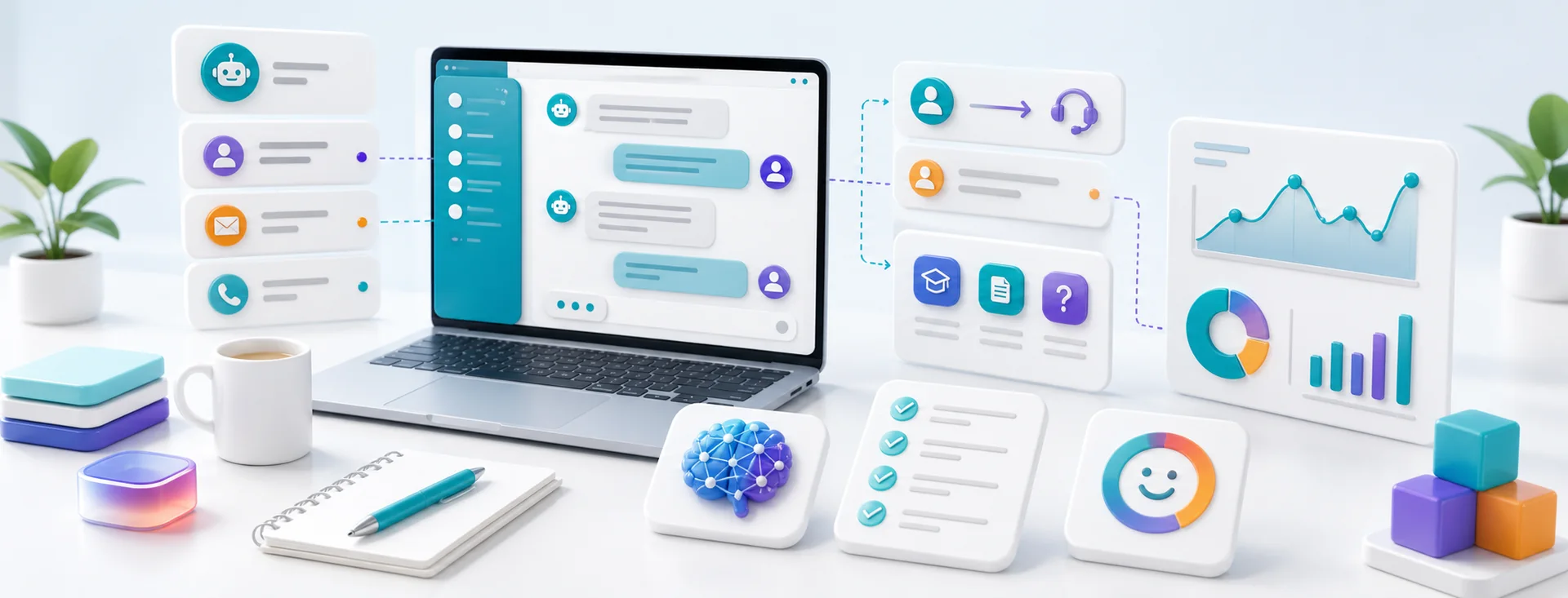 AI customer support workflow with conversation summaries, handoff cards, agent review panel, and resolution metrics