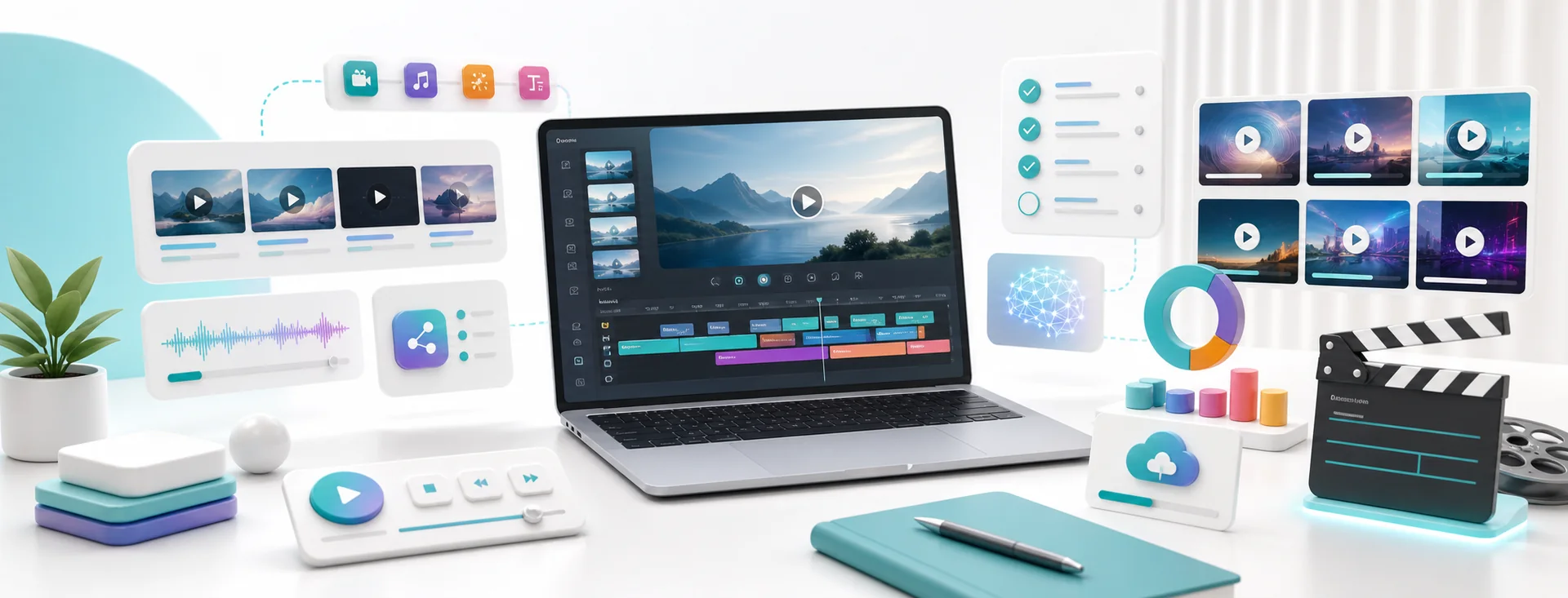 AI video production workspace with storyboard cards, media panels, review checklist, and workflow controls