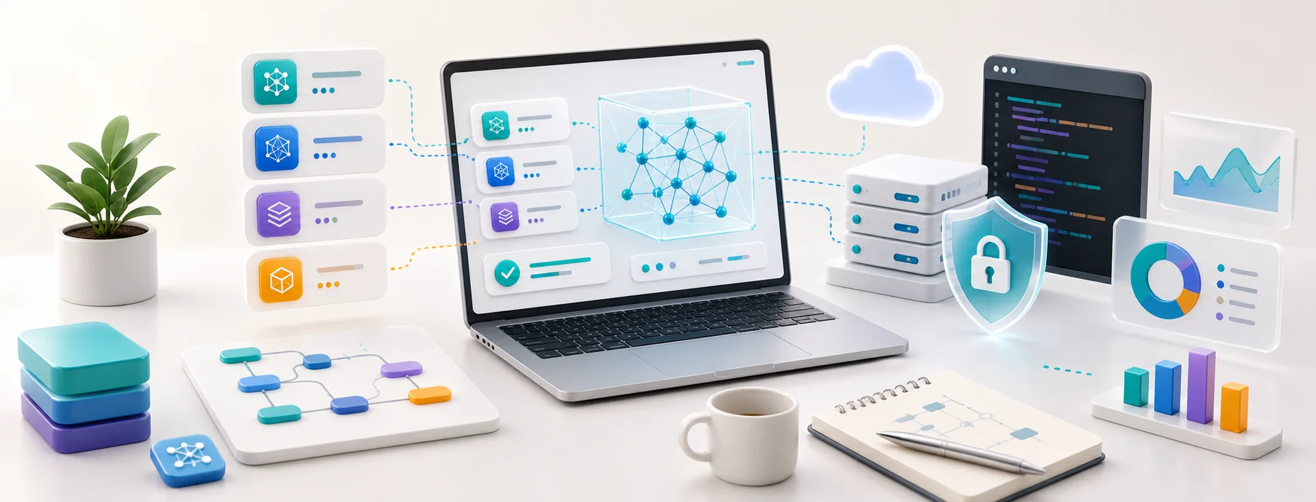 Developer AI stack with open model cards, private servers, privacy shield, code panel, and cost charts