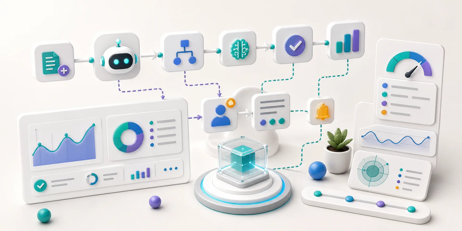 AI agent workflow workspace with automation nodes, handoff paths, monitoring cards, and status panels