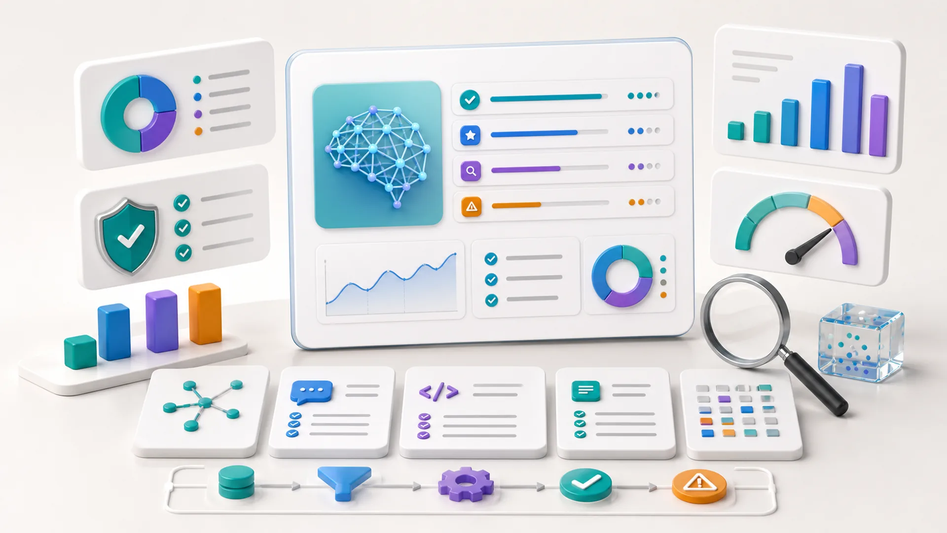 AI evaluation workspace with scorecards, quality gauges, test cases, and benchmark panels