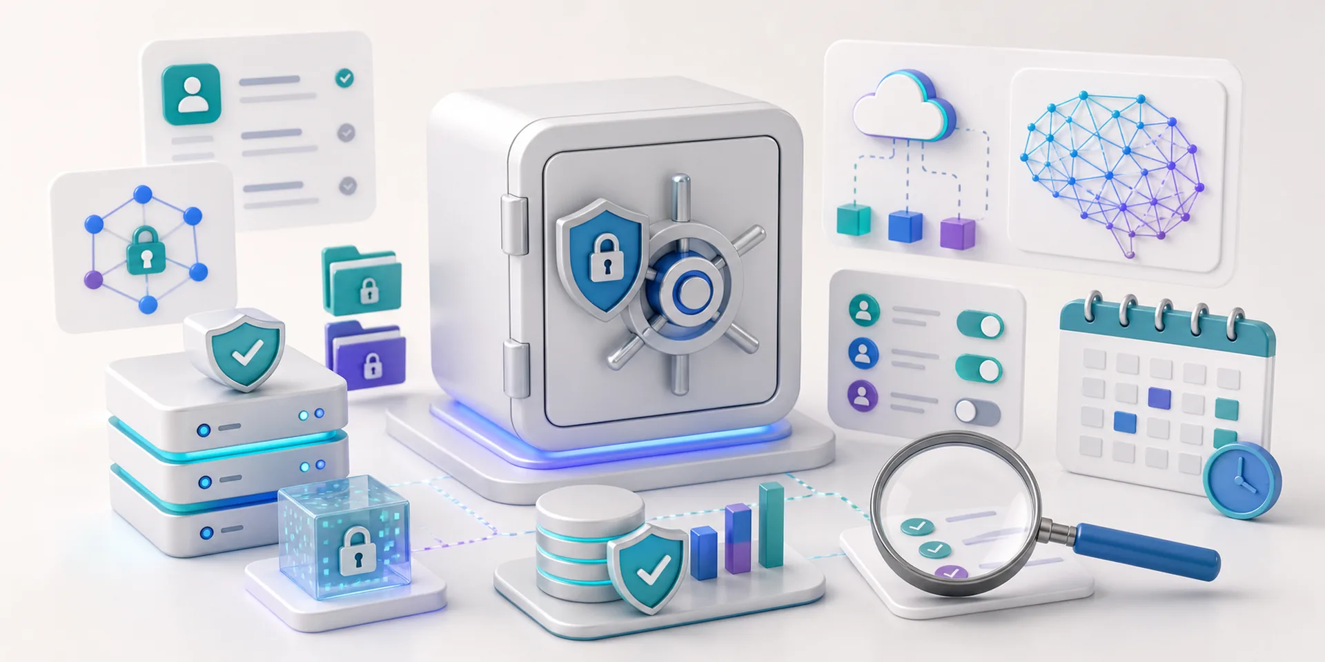 AI privacy and security workspace with secure data vault, access cards, retention controls, and audit magnifier