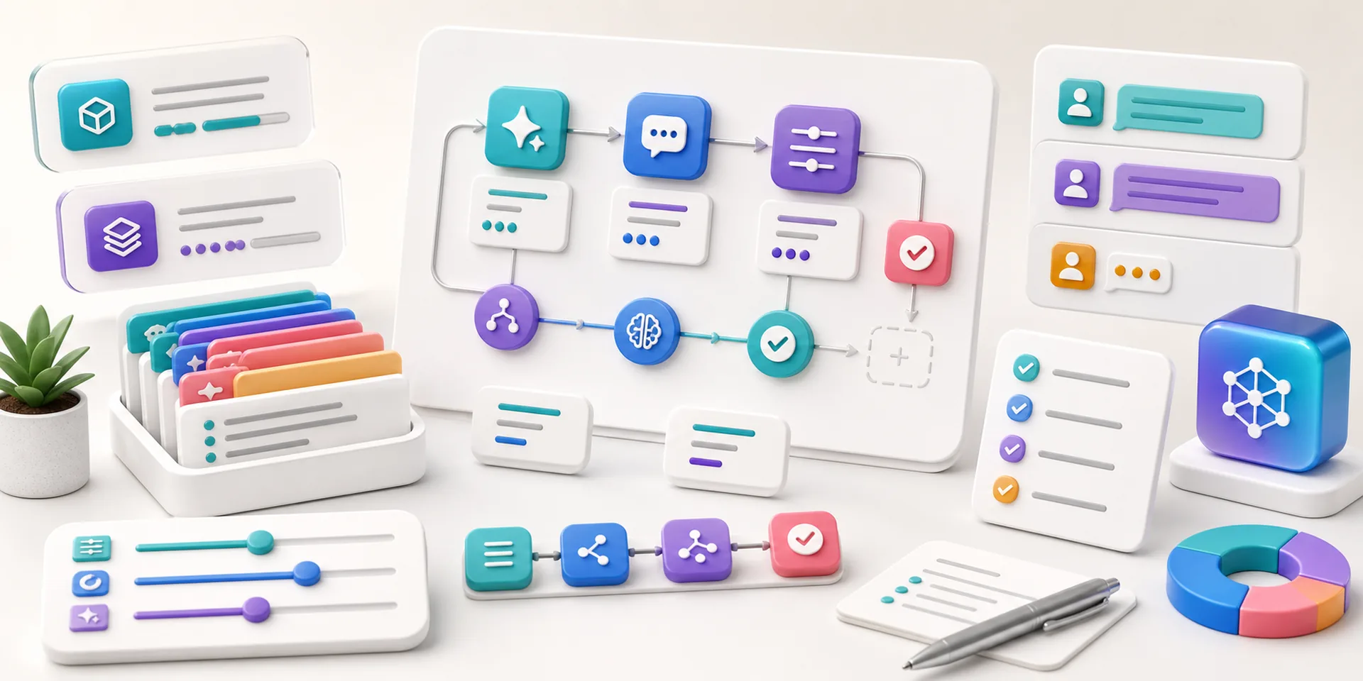AI prompt and workflow research workspace with context cards, source panels, and evaluation checklists