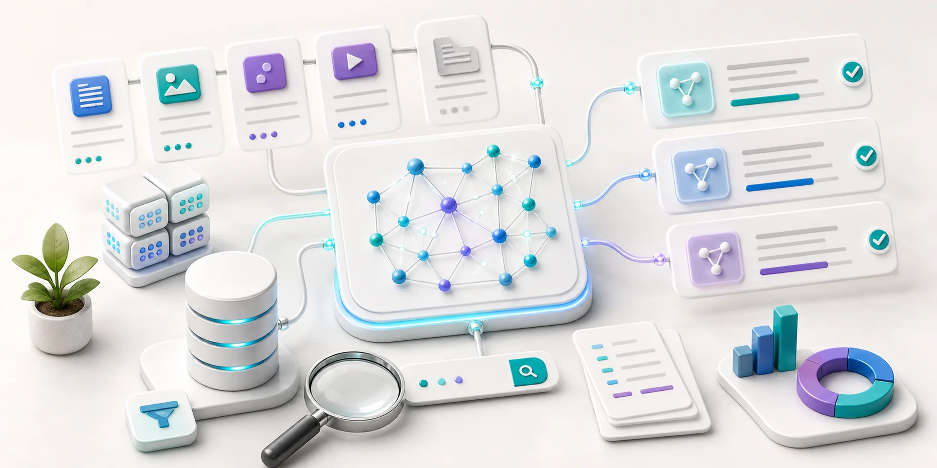 AI retrieval workspace with connected document cards, vector database blocks, search controls, and citation panels