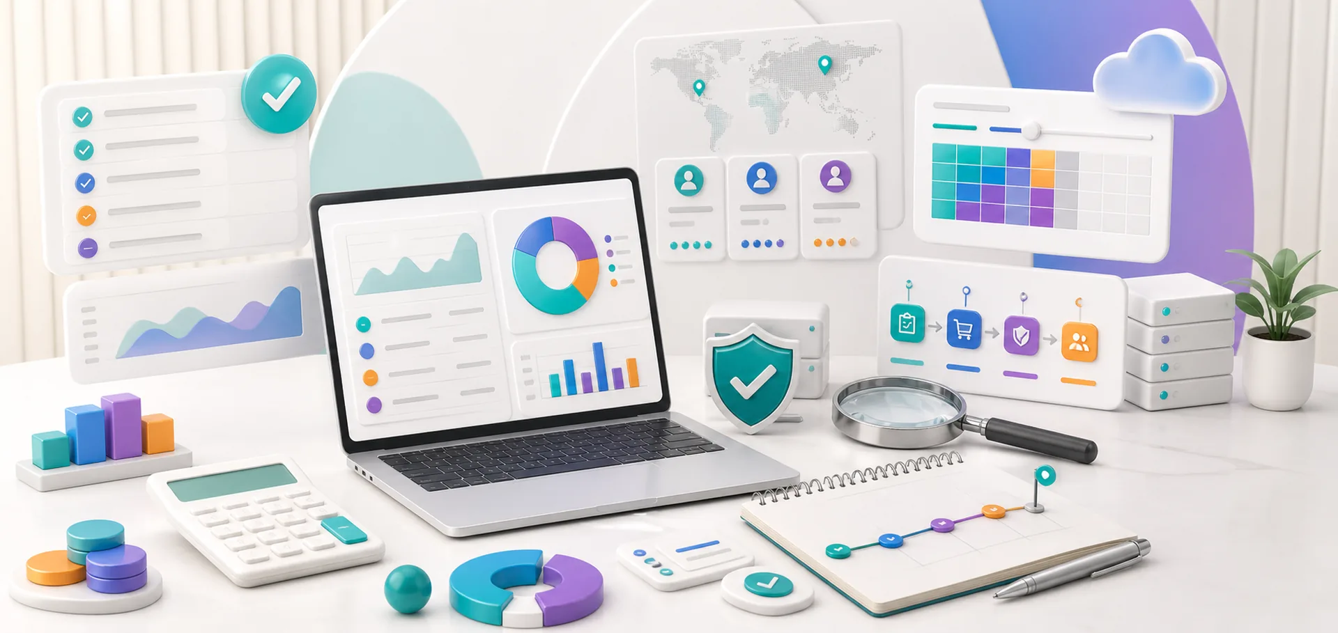 AI strategy and cost planning workspace with budget dashboards, procurement checklist, vendor cards, and roadmap timeline