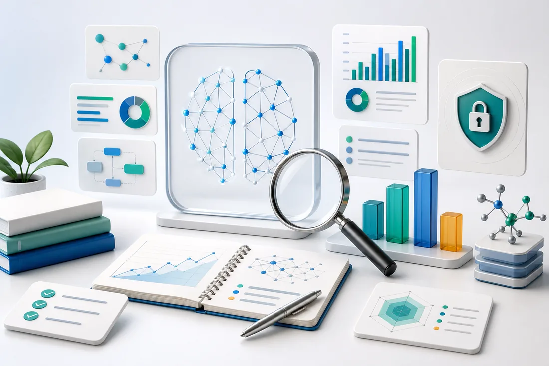 AI research workspace with source cards, charts, model notes, and verification controls